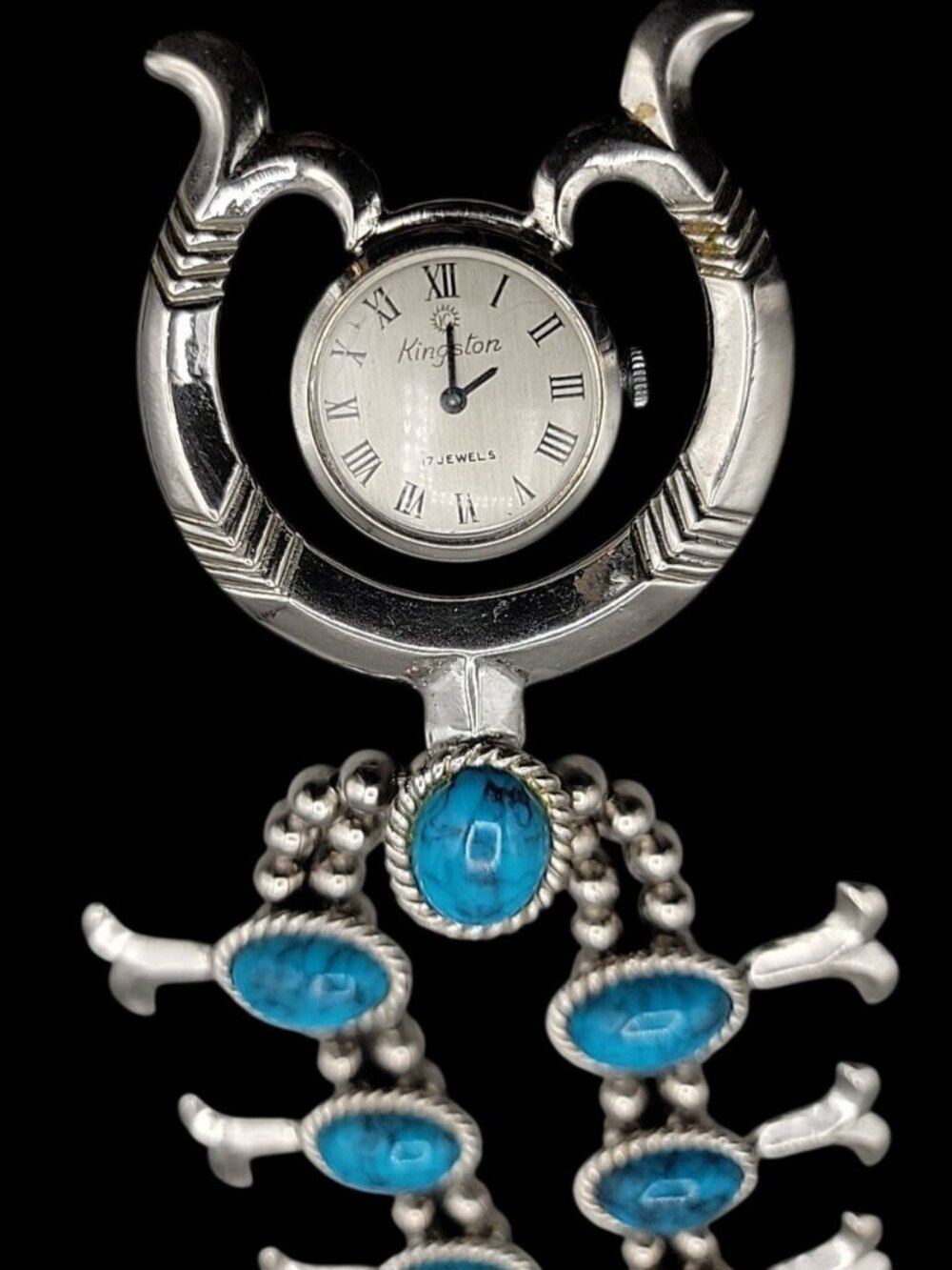 Kingston Wind Pendant Watch Squash Blossom Necklace Faux Turquoise 26" - Picture 3 of 16